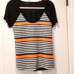 HALOGEN (NORDSTROM) SEQUIN STRIPE TOP ORANGE WHITE BLACK SCOOP NECK SIZE SMALL
